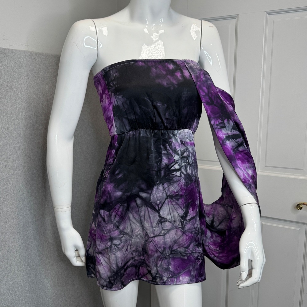 Asymmetrical Mini Dress Silk One Shoulder Sleeve Purple Tie Dye Made NYC Small